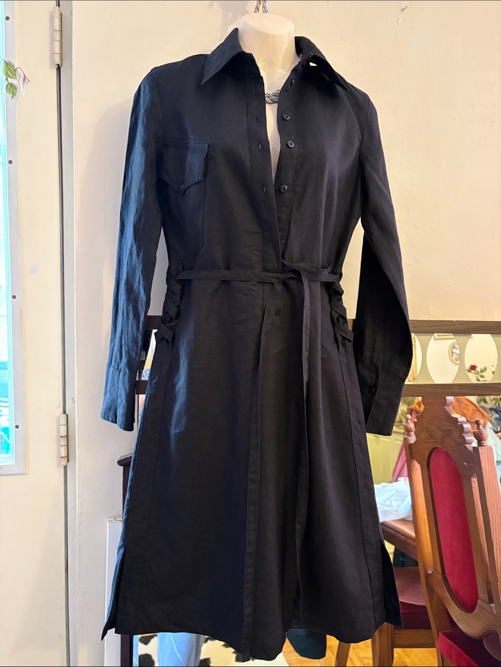 Mexx Black Midi Shirt Dress with Waist Tie Detail. Linen